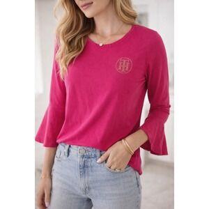Tommy‎ Hilfiger Pink Top Bell Sleeve Gold Logo Preppy Y2K Feminine Size M